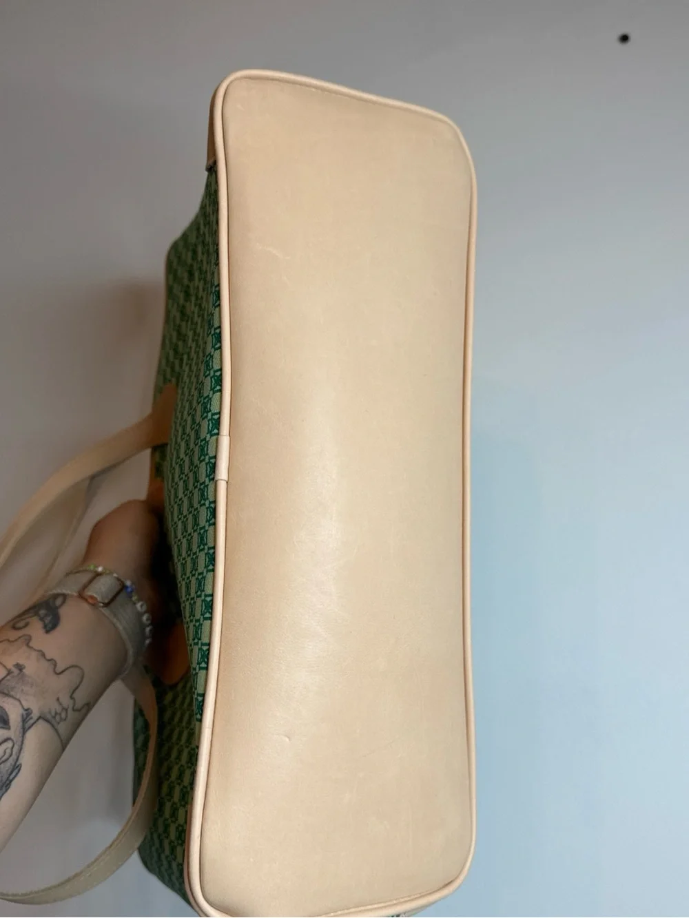 Dominie Green Patterned Tote with Tan Trim and Straps